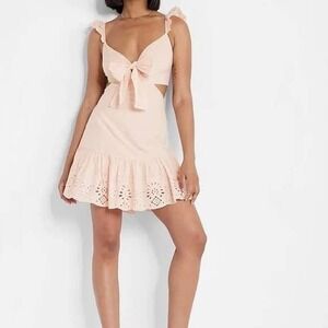 Express Eyelet Bow Tie Cutout Ruffle Mini Dress Peach Vacation Summer Flirty S‎